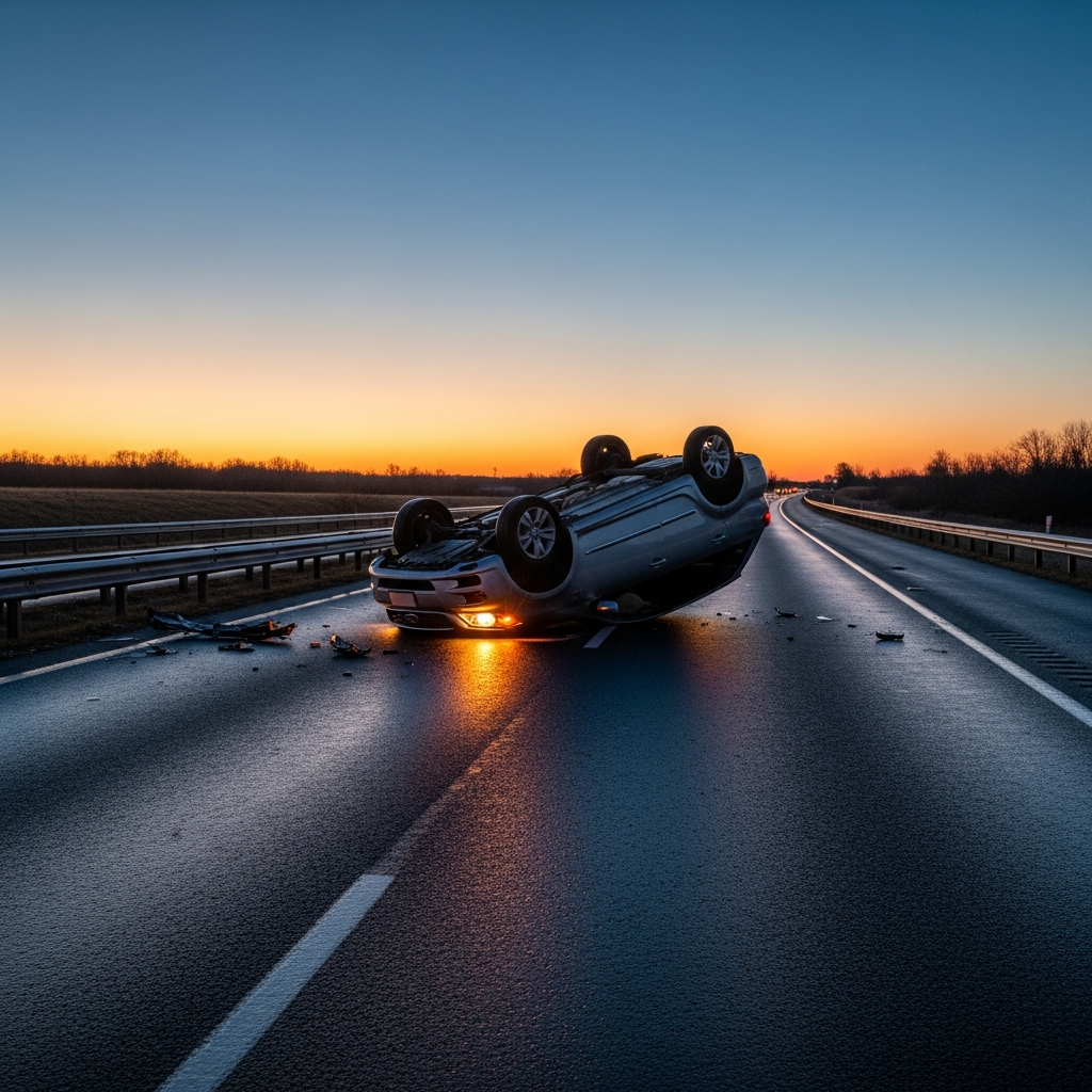 A silver SUV overturned on its side on a multi-lane asphalt highway at twilight with debris scattered nearby