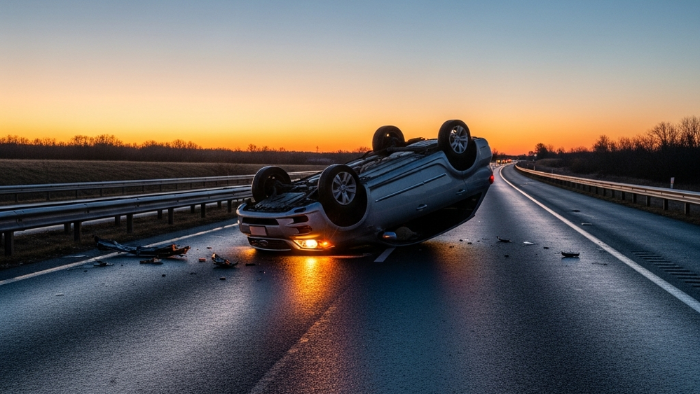 A silver SUV overturned on its side on a multi-lane asphalt highway at twilight with debris scattered nearby