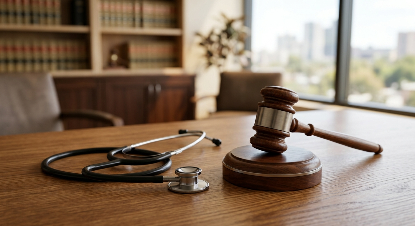 A gavel resting on a wooden desk next to a doctor's stethoscope in a brightly lit legal office.