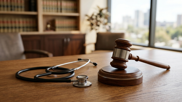 A gavel resting on a wooden desk next to a doctor's stethoscope in a brightly lit legal office.
