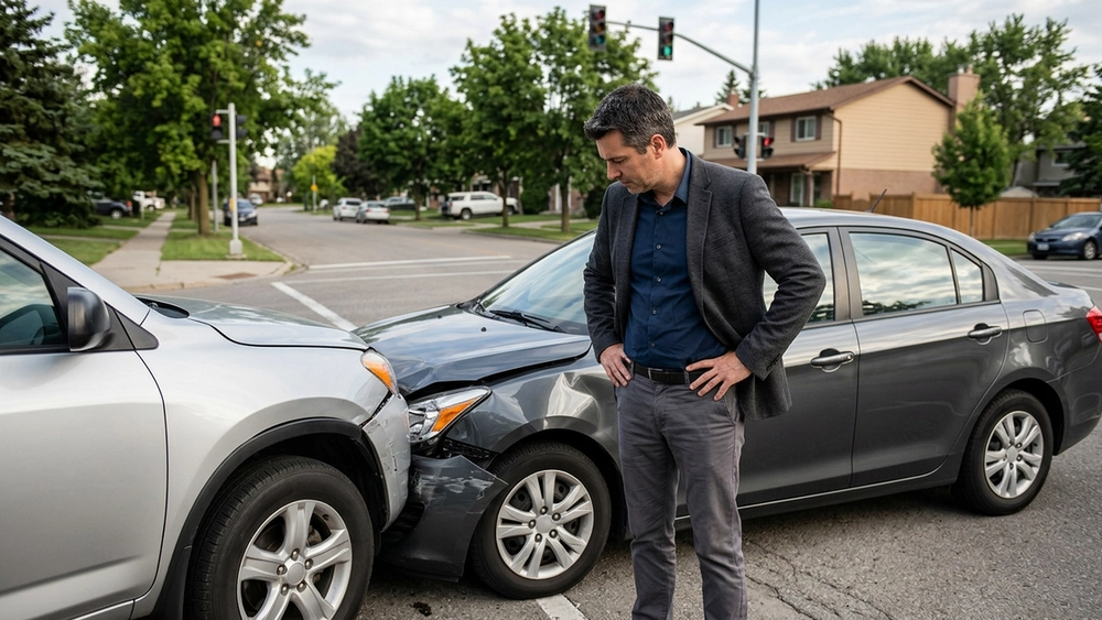 A person stands next to two cars that have collided at a suburban intersection while looking at the front-end damage.