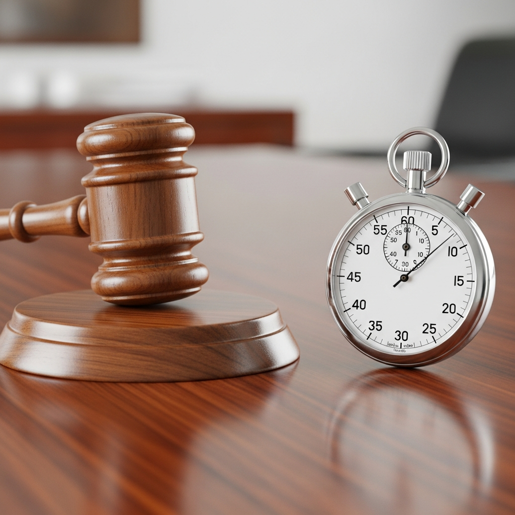 A wooden gavel resting on a desk next to a stopwatch, symbolizing the relationship between legal justice and the passage of time.