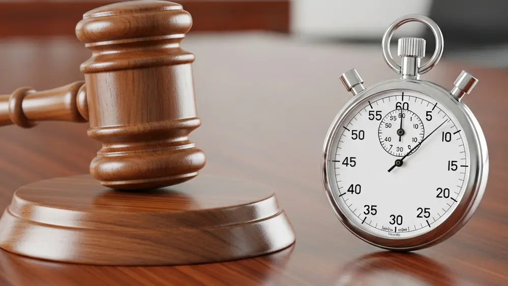A wooden gavel resting on a desk next to a stopwatch, symbolizing the relationship between legal justice and the passage of time.