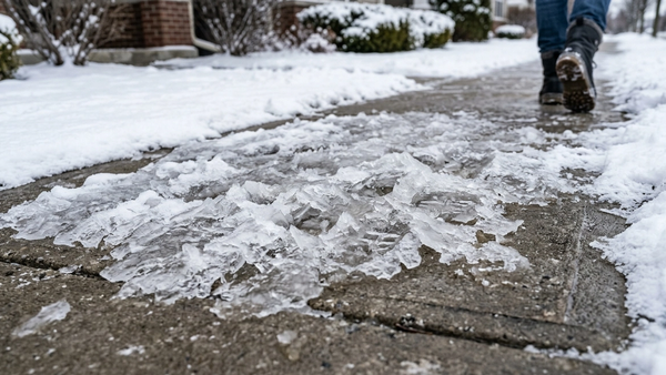 A close-up of a thick patch of jagged ice on a concrete sidewalk during a cold winter day with snow on the edges.