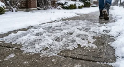 A close-up of a thick patch of jagged ice on a concrete sidewalk during a cold winter day with snow on the edges.