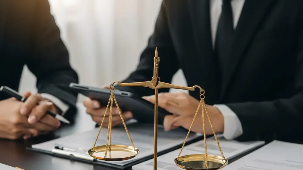 A legal scale of justice representing the balance of the four pillars of negligence: duty, breach, causation, and damages.