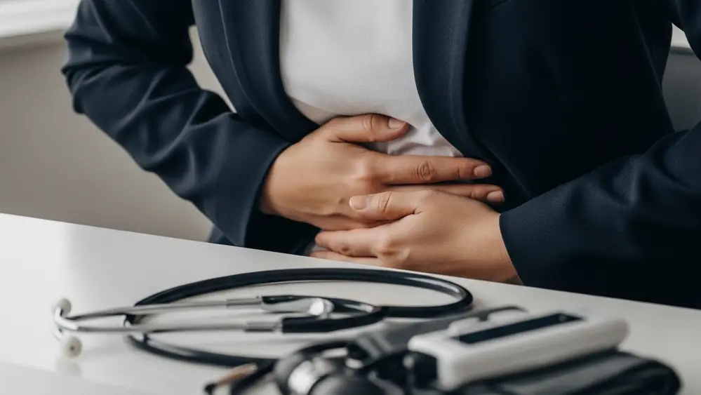 A close-up of a person sitting at a table with a stethoscope and medical equipment nearby, looking concerned while holding their abdomen.