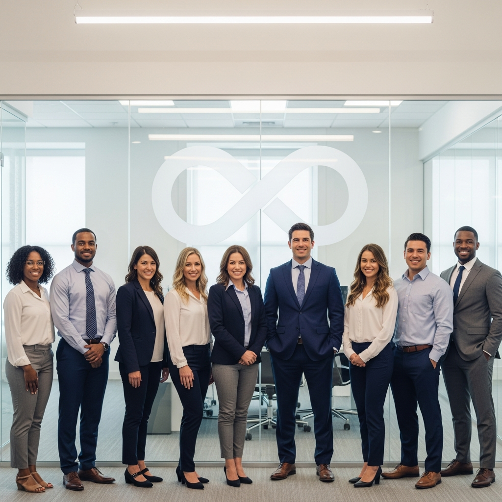 A diverse group of office professionals standing in front of a glass wall etched with a large infinity symbol logo representing a major tech company.