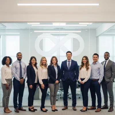 A diverse group of office professionals standing in front of a glass wall etched with a large infinity symbol logo representing a major tech company.