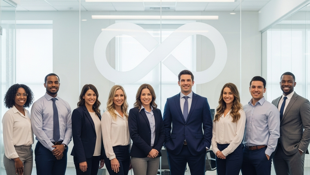 A diverse group of office professionals standing in front of a glass wall etched with a large infinity symbol logo representing a major tech company.