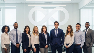 A diverse group of office professionals standing in front of a glass wall etched with a large infinity symbol logo representing a major tech company.