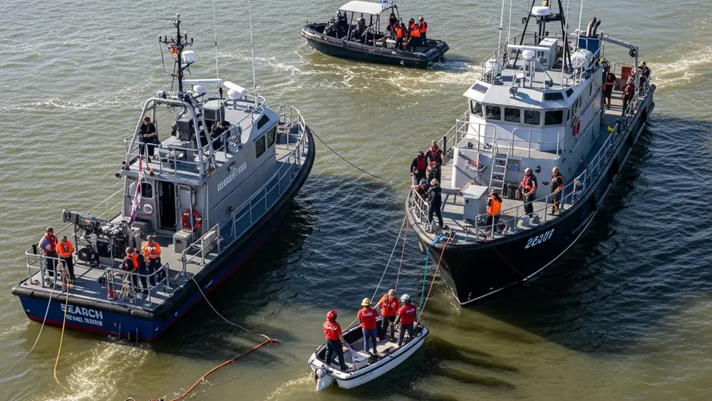 Aerial view of a recovery mission in Galveston Bay involving search vessels and emergency responders after a plane crash.