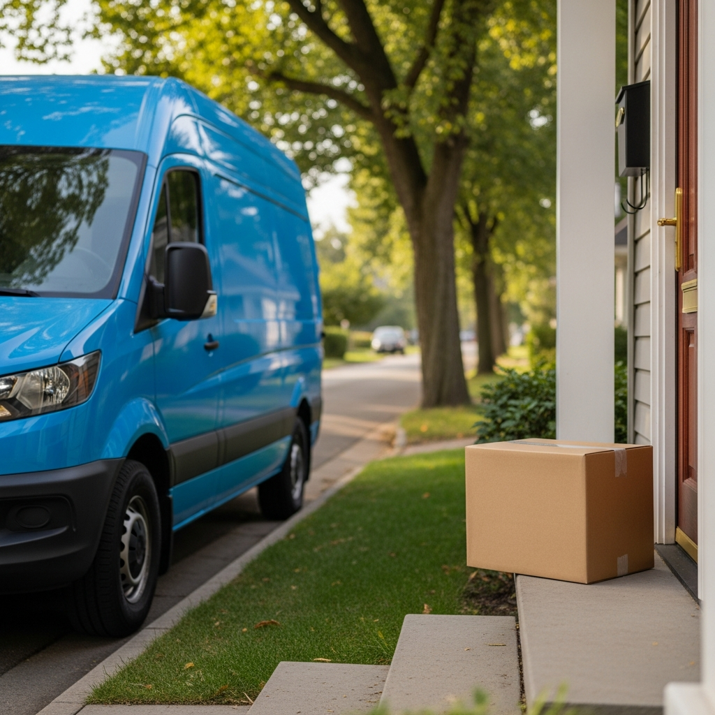 A generic blue delivery van parked on a residential street with a package on a nearby porch, representing a delivery service partner operation.