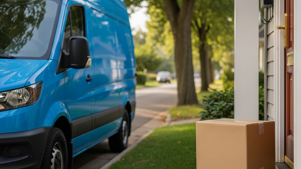 A generic blue delivery van parked on a residential street with a package on a nearby porch, representing a delivery service partner operation.