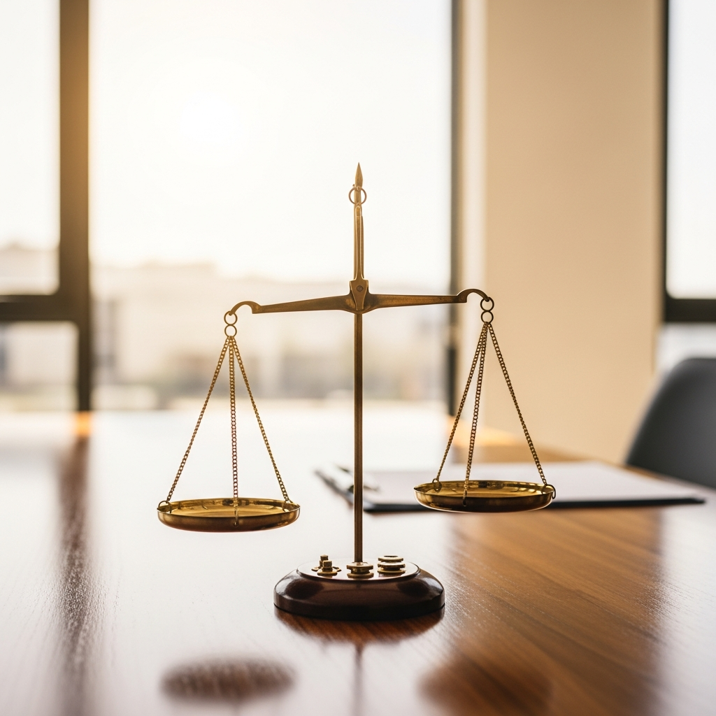 A symbolic image of a pair of scales balanced on a wooden table in a bright room, representing justice and workplace equality.