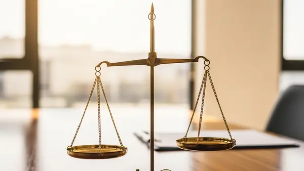 A symbolic image of a pair of scales balanced on a wooden table in a bright room, representing justice and workplace equality.