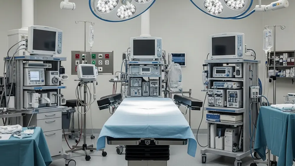 A sterile operating room environment with a surgical table, bright overhead lights, and stainless steel medical equipment, representing the complexity of surgical care.