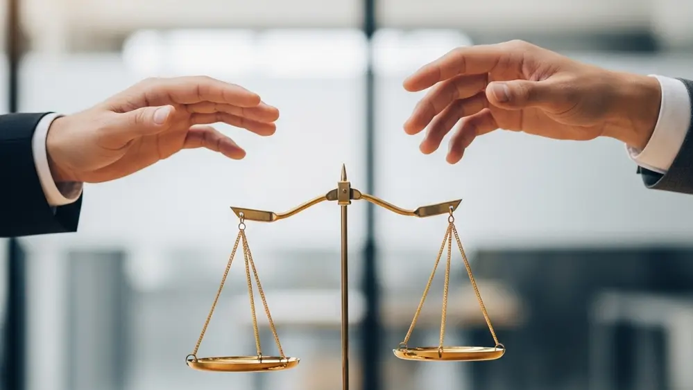 An abstract image showing two hands reaching toward a set of golden scales of justice, symbolizing balance and legal recourse in a workplace setting.