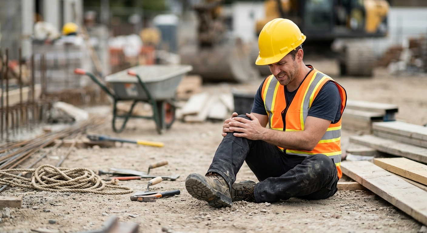 A construction worker wearing a safety vest and hard hat sitting on the ground of a job site holding their knee in pain with tools blurred in the background.