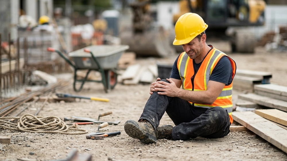 A construction worker wearing a safety vest and hard hat sitting on the ground of a job site holding their knee in pain with tools blurred in the background.