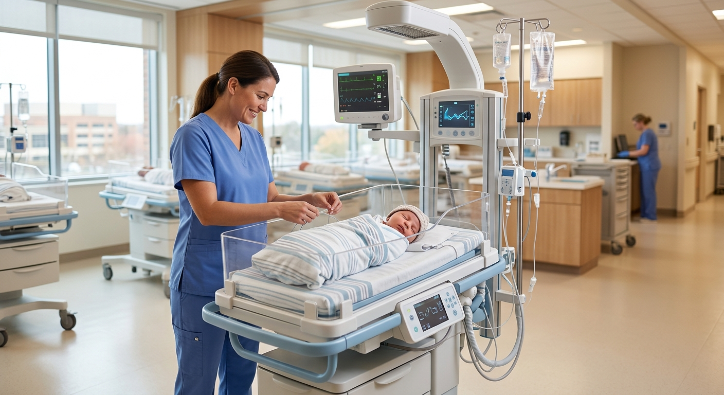 A modern hospital newborn nursery unit with a specialized medical bassinet and monitoring equipment in a brightly lit room.