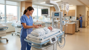 A modern hospital newborn nursery unit with a specialized medical bassinet and monitoring equipment in a brightly lit room.