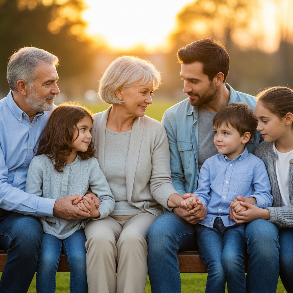 A multi-generational family sitting together on a park bench, looking supportive and holding hands during a sunset.