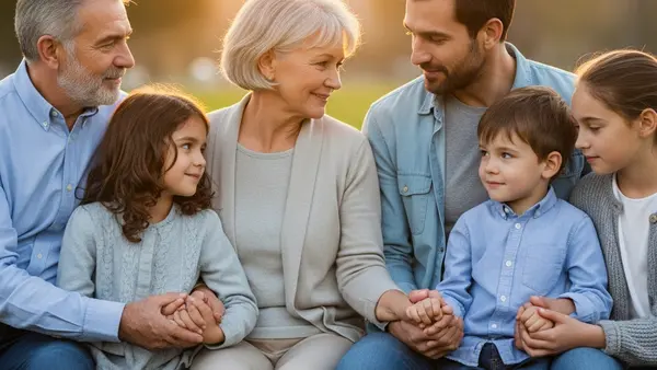 A multi-generational family sitting together on a park bench, looking supportive and holding hands during a sunset.