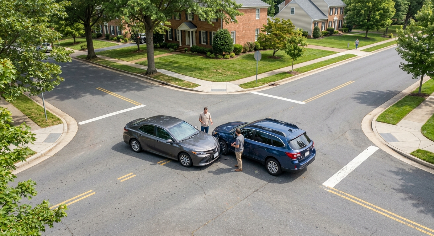An overhead view of a car accident at an intersection in a quiet Virginia suburb, showing two vehicles with minor damage.