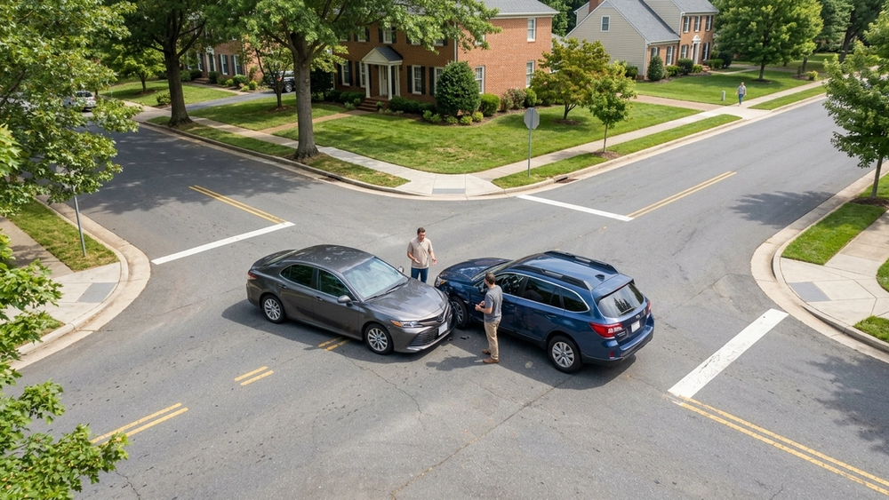 An overhead view of a car accident at an intersection in a quiet Virginia suburb, showing two vehicles with minor damage.