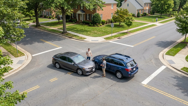 An overhead view of a car accident at an intersection in a quiet Virginia suburb, showing two vehicles with minor damage.