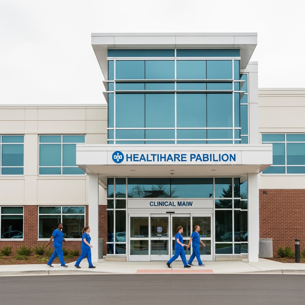 A modern healthcare pavilion exterior with medical staff in scrubs walking near the entrance of a clinical building.
