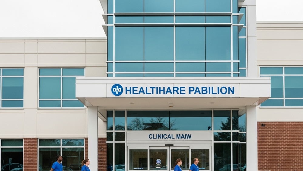 A modern healthcare pavilion exterior with medical staff in scrubs walking near the entrance of a clinical building.