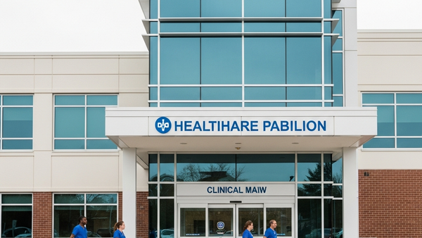 A modern healthcare pavilion exterior with medical staff in scrubs walking near the entrance of a clinical building.