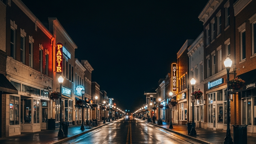 A quiet nighttime street scene in a college entertainment district with brightly lit commercial buildings and empty sidewalks reflecting streetlights.