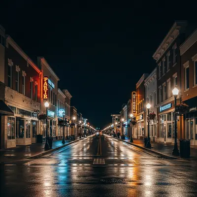 A quiet nighttime street scene in a college entertainment district with brightly lit commercial buildings and empty sidewalks reflecting streetlights.