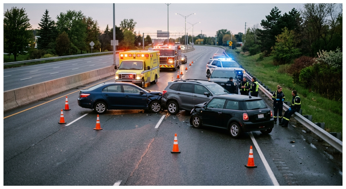 A multi-vehicle highway accident scene with several cars on a multi-lane road surrounded by emergency vehicle lights.