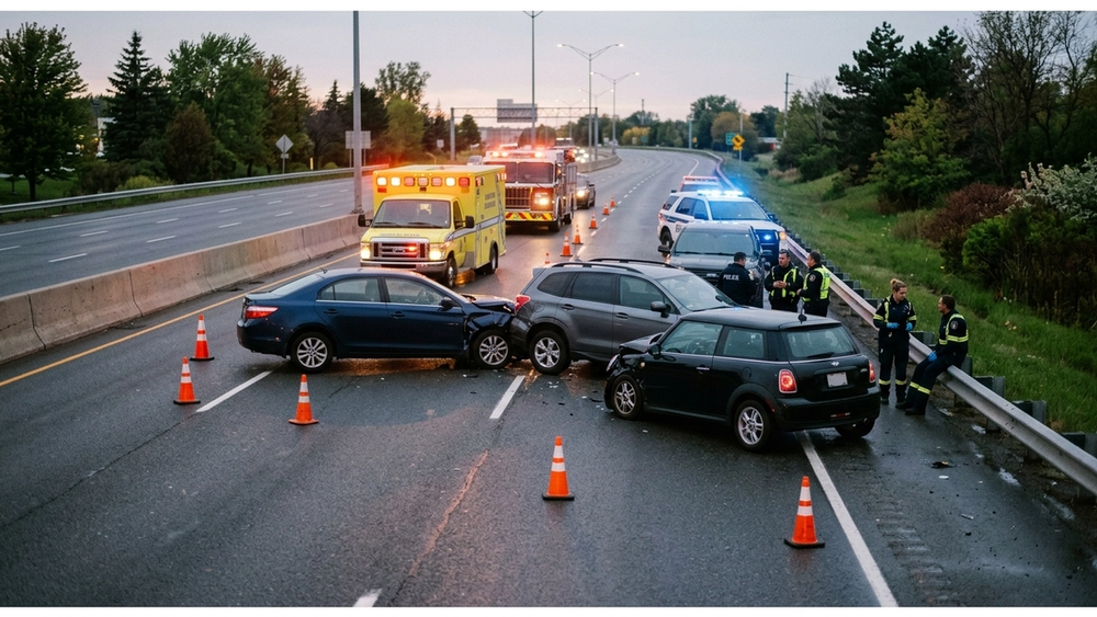 A multi-vehicle highway accident scene with several cars on a multi-lane road surrounded by emergency vehicle lights.
