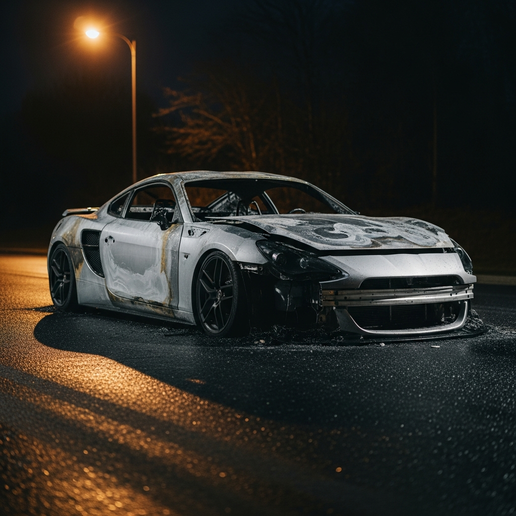 A charred silver sports car with significant front-end damage resting on a dark asphalt road at night near a street light.