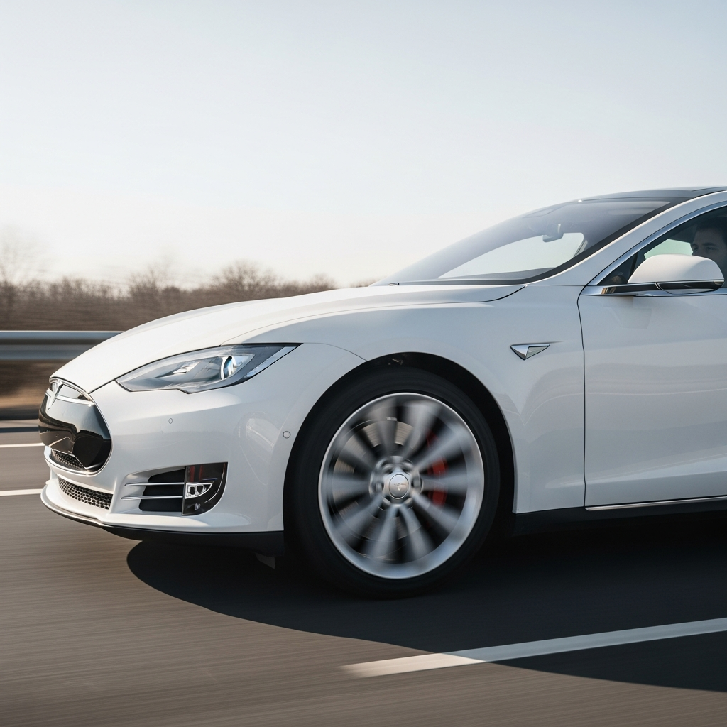A Tesla Model S driving on a highway with a focus on the front wheel area and suspension components.