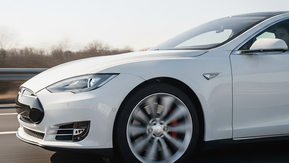 A Tesla Model S driving on a highway with a focus on the front wheel area and suspension components.