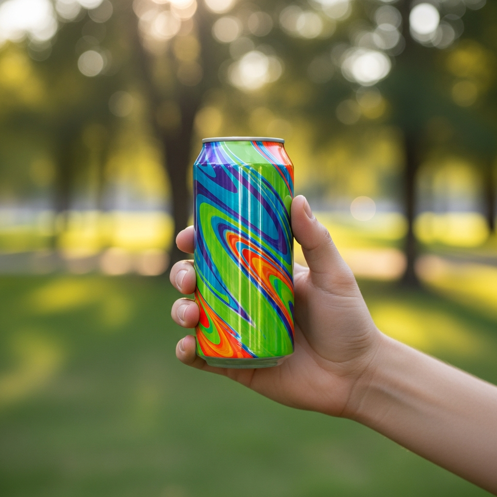 A person's hand holding a brightly colored, slim aluminum energy drink can against a blurred outdoor park background.