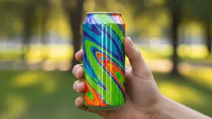 A person's hand holding a brightly colored, slim aluminum energy drink can against a blurred outdoor park background.