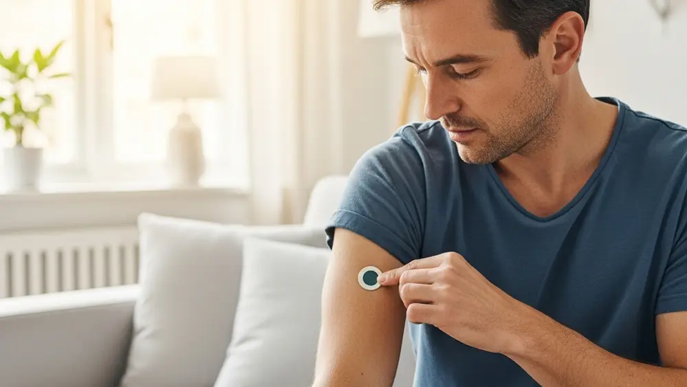 A person with diabetes carefully checking a small sensor attached to their upper arm while sitting in a brightly lit living room.