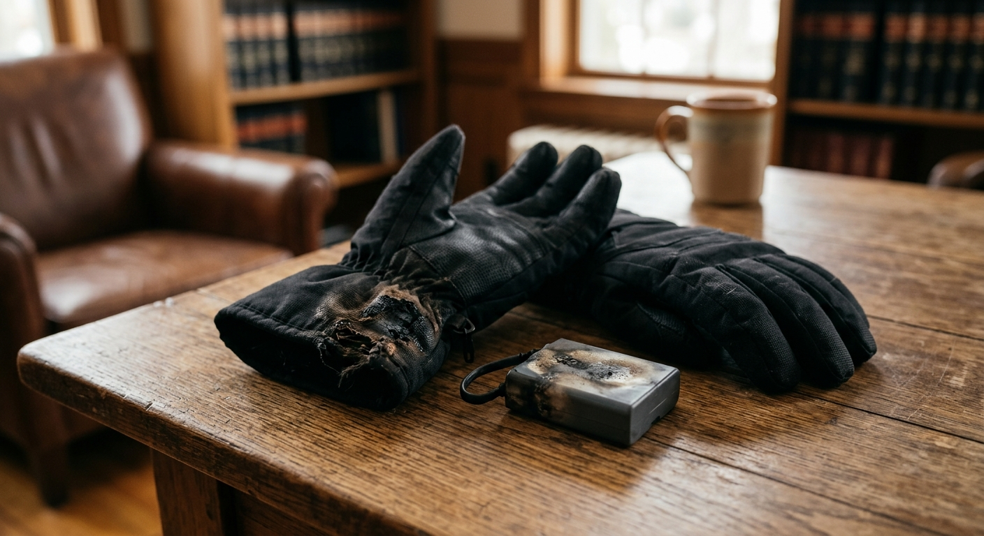 A pair of black heated electric gloves resting on a wooden table next to a detached lithium-ion battery pack with thermal scorch marks on the fabric.