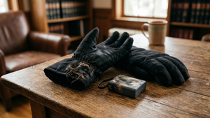 A pair of black heated electric gloves resting on a wooden table next to a detached lithium-ion battery pack with thermal scorch marks on the fabric.