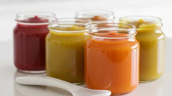 A close-up shot of several glass baby food jars filled with colorful purees sitting on a clean kitchen counter next to a plastic baby spoon.