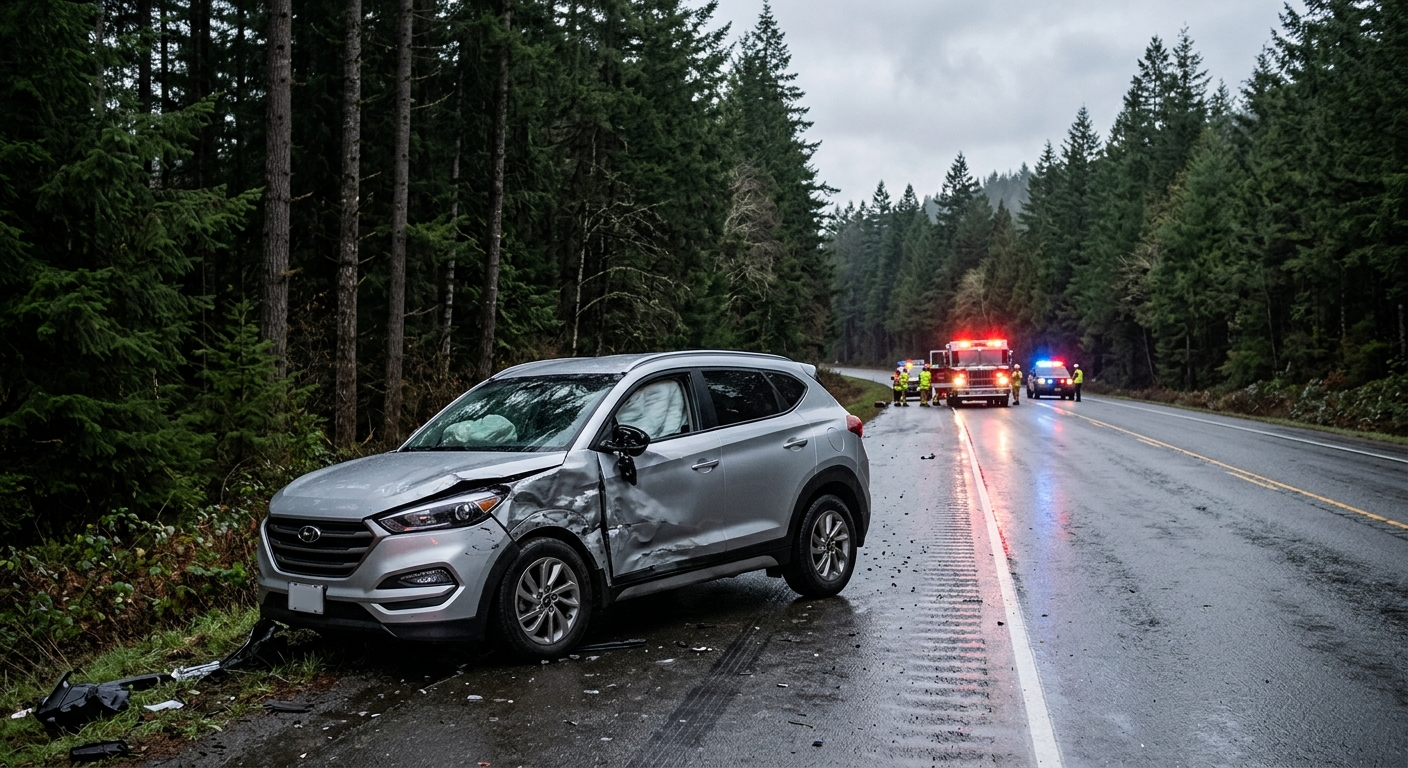 A damaged silver SUV on a wet Pacific Northwest highway with pine trees in the background and a rescue vehicle with flashing lights in the distance.