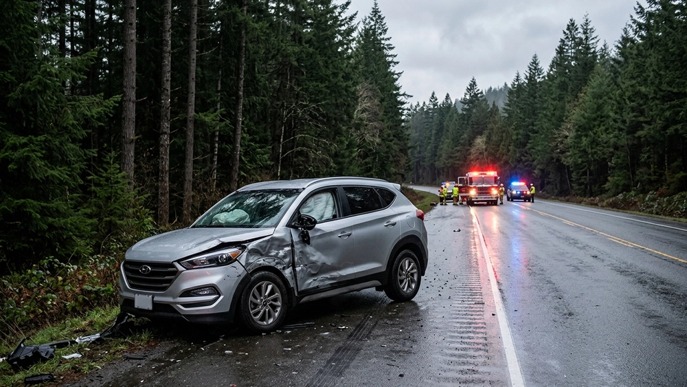 A damaged silver SUV on a wet Pacific Northwest highway with pine trees in the background and a rescue vehicle with flashing lights in the distance.