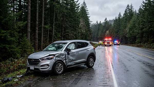 A damaged silver SUV on a wet Pacific Northwest highway with pine trees in the background and a rescue vehicle with flashing lights in the distance.